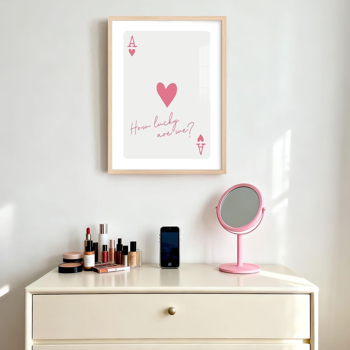 Trendy Pink Ace of Hearts Poker Poster Positive Quotes How Lucky Are We Wall Art Funny Girly Preppy Playing Card Pictures Prints Aesthetic Room Decoration for Teen Girls Dorm Bedroom 12x16 Inch Framed
