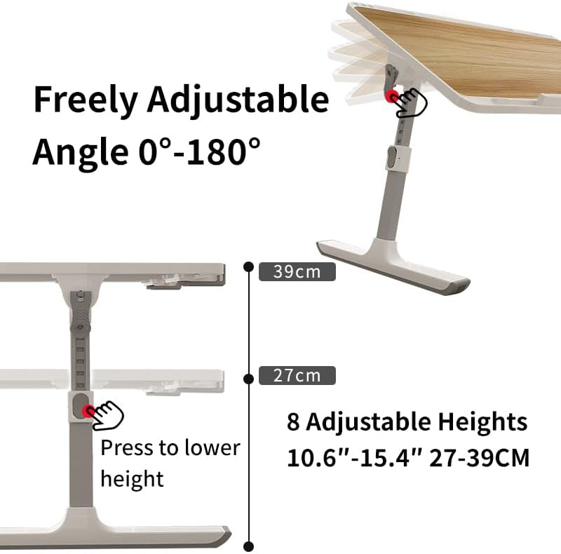 Woodgrain Foldable Laptop Desk Wide Area XX-Large 27.6X17.7In, 8 Heights& Angles Adjustable Bed Table, Study Tray Laptop Stand for Bed, Couch Sofa with 2 Stoppers