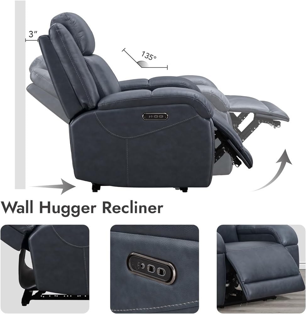 Blue Leather Power Recliner Chair for Adults, Modern Electric Reclining Sofa with USB Charging Ports, Comfortable Home Theater Electric Recliner for Living Room