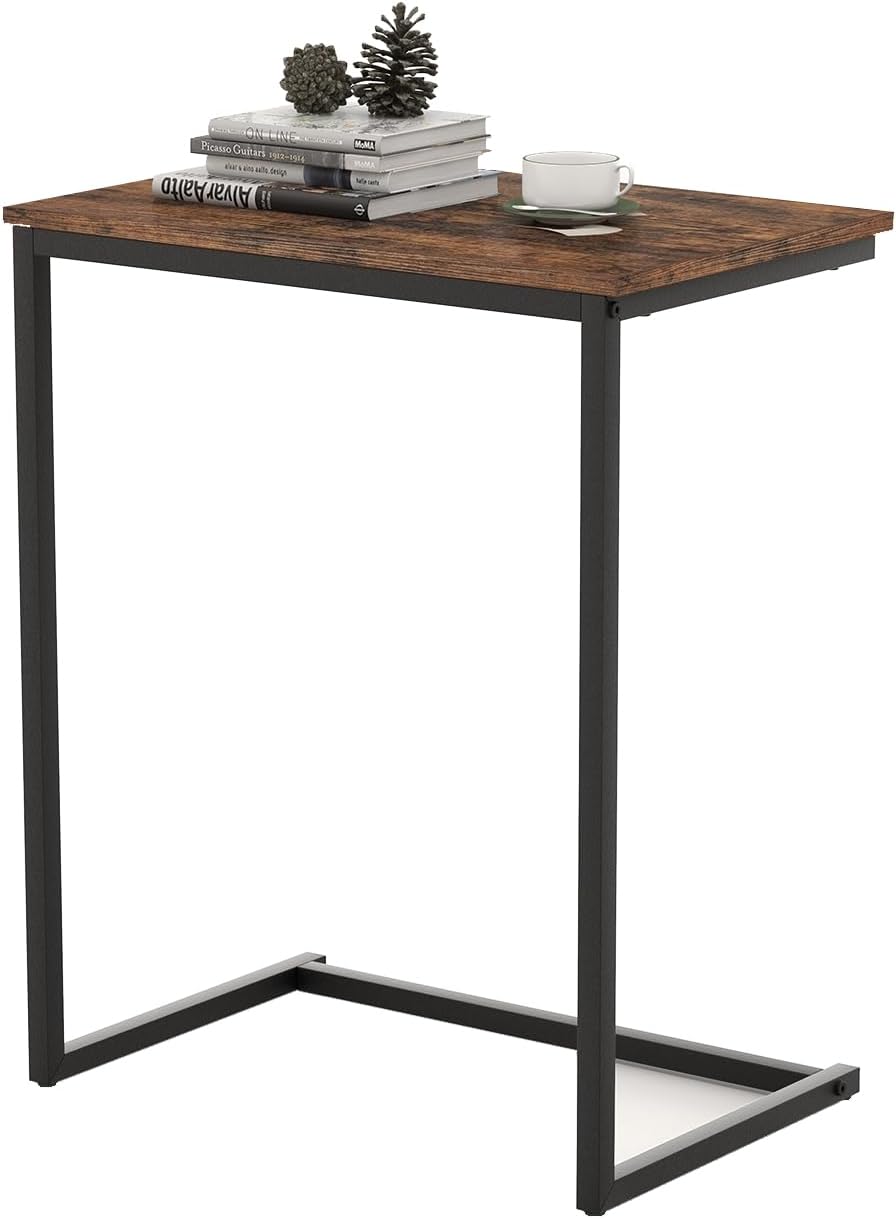 GOFLAME C Shaped End Table, Small Snack Side Table for Sofa, Couch, Bed, Laptop Table, TV Trays with Metal Frame for Living Room, Bedroom, Small Space, Rustic Brown