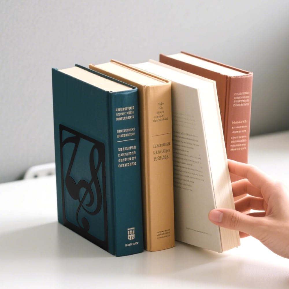 3 Pairs Book Ends Metal Bookends for Shelves, Decorative Bookends for Heavy Books Non-Skid Musical Note Bookshelf Holder, Book Stopper Bookshelf Decor for Family, Office and School