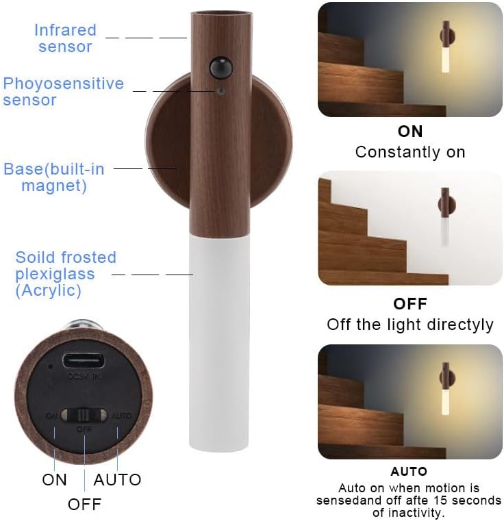LANDGOO LED Motion Sensor Lights, Set of 2 Battery Operated Stick on Wall Sconces, Rechargeable Lighting for Hallway Stairway, Magnetic 360° Rotation for Indoor Lamps (Black Walnut Wood 2PCS)