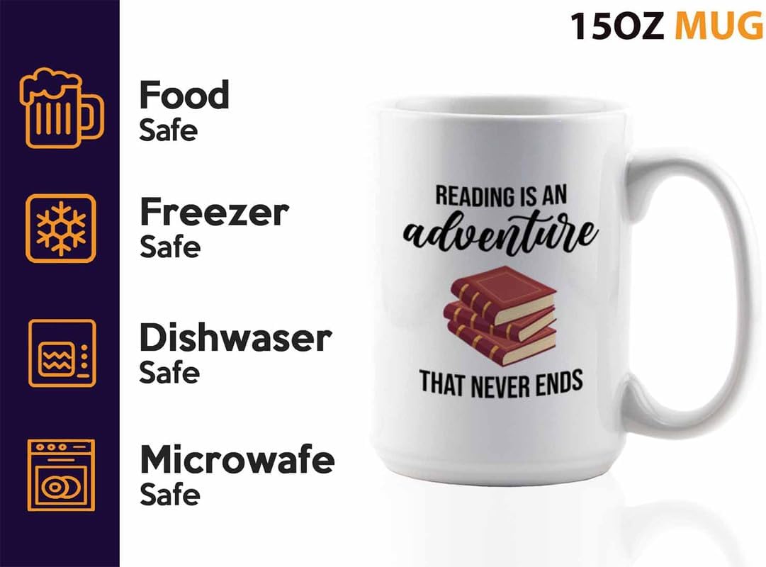 Bookish Coffee Mug 15oz White -Reading is an adventure - Novel enthusiast Book Club Librarian Book Lover Writer Reader Bibliophile