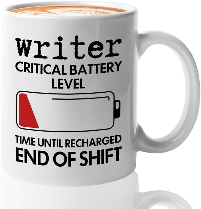 Writer Coffee Mug 11oz White - Writer Critical Battery Level - Funny Author Gift To Book Lover Bookish Bookworm Writing Sarcasm Poetry Novelist Journalist