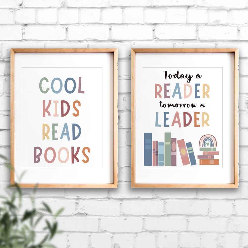 4pcs Motivational Reading Posters Wall Art Prints Decor For Classroom Read Corner School Nursery Library - Cool Kids Read Book, Boho Bulletin Decorations for Kids Reading Nook 8x10in, Unframe