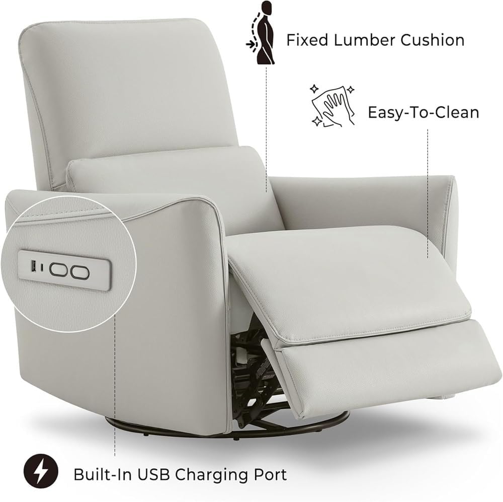 Power Swivel Glider Recliner with Lumbar Support – Electric Reclining Chair with USB & Type-C Ports, Ergonomic Breathable Leather, Comfort for Living Room