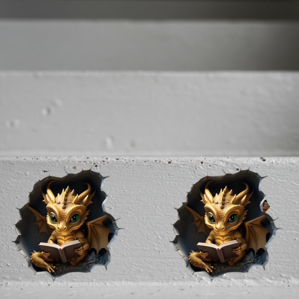 Dragon Reading in Wall Hole Decal, 3D Wall Sticker, 5 in, Pack of 2