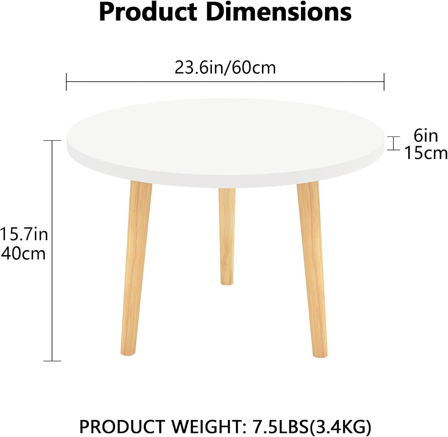 Round Coffee Table Low Table with 3 Solid Wood Sturdy Legs,Floor Table Desk for Sitting on The Floor,23.6"D x 23.6"W x 16"H Inches,Living Room/Toy room Furniture,Rental house Furniture (White)