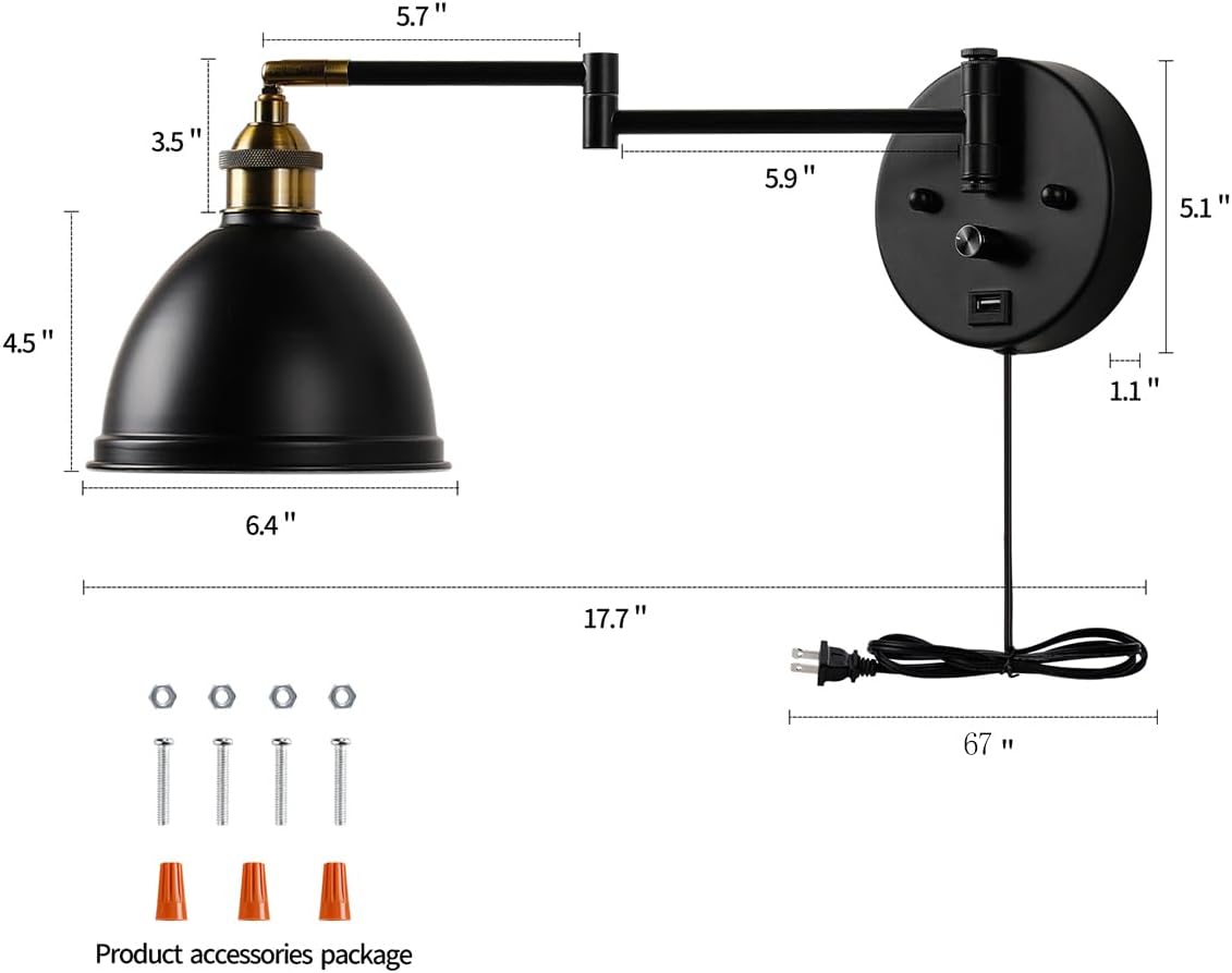 Swing Arm Wall Sconces, Plug-in Wall lamp,Bedroom Wall lamp ， White Fabric Shade，，with dimmable Switch and USB Charging Port, Suitable for Bedside, Living Room, Reading (Metallic Black)
