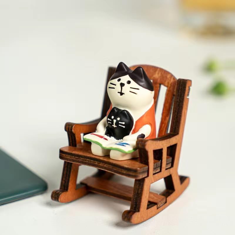 Miniature Cat Reading Figurine with Wooden Rocking Chair Set, White and Black Cats, for Office Desktop Decor, 2.4x3.3x4 cm, Funny Gifts for Mom Grandma, Cute cat Kitty Gift, Fairy Garden Decor
