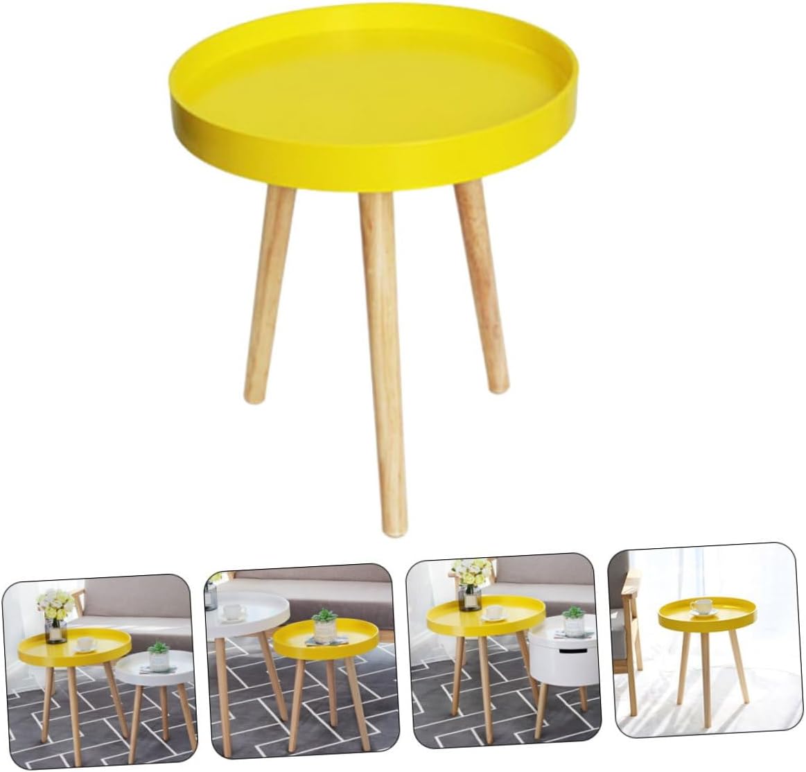 FAVOMOTO Nordic Style Mini Round Indoor Coffee Table Yellow Small Sofa Side Table with Tray Creative Household for Living Room and Bedroom