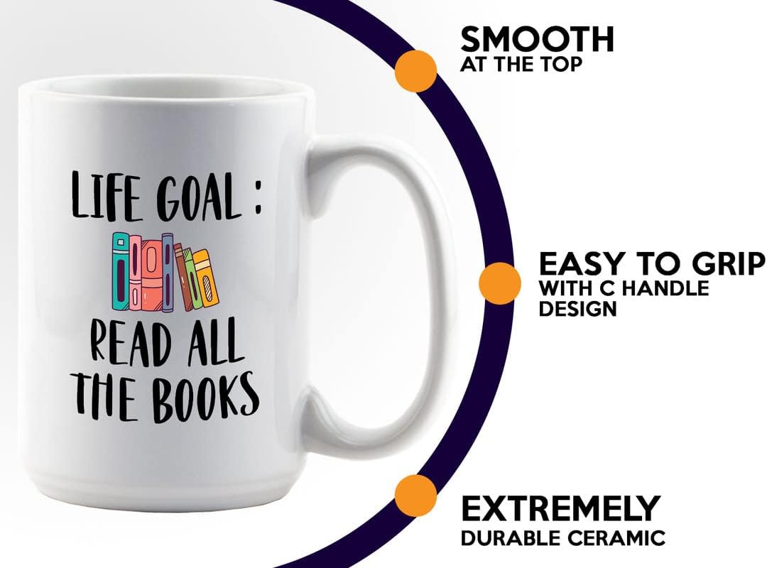 Reading Lover Coffee Mug 15oz White - Life Goal Read All The Books - Gift For Poets Bookish People Bibliophile Librarian Book Club Reader