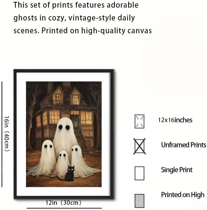 6Pcs Halloween Ghost Wall Art Gothic Ghost Scenes Reading Bathing Dining Wall decoration pictures Spooky Halloween Canvas Posters Prints for Bedroom Bathroom Home Decor Unframed (12inx16in Posters)