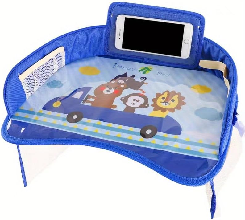 Kids Travel Tray for Car Seat – Toddler Lap Desk with Dry Erase Board, No-Drop Tablet Holder, Cooler Cup & Snack Storage, Road Trip Essentials for Airplane & Car Activities (Blue)