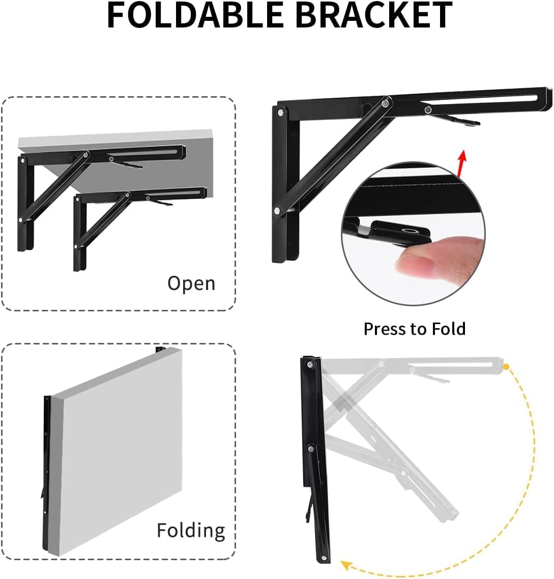 YUMORE 16 Inch Folding Shelf Brackets, Heavy Duty Collapsible Shelf Bracket, Black DIY L Bracket for Workbench Folding Table Hinge, Max Load: 330lb, Pack of 2