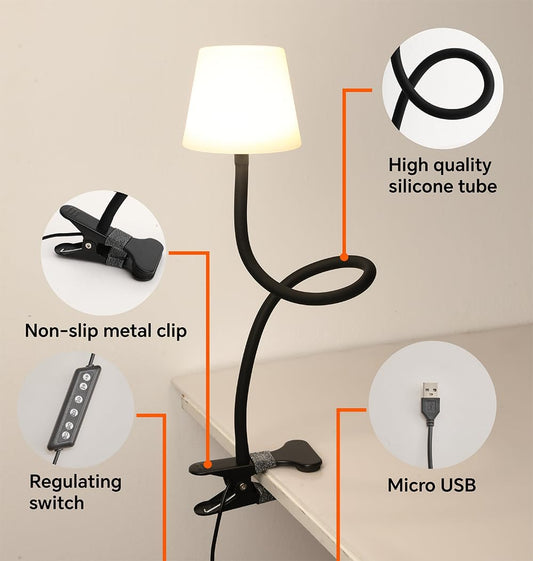 Clip On Light and Bed Reading Light, Clip on for Desk, Bedside Lamps for Dorm, College Dorm Room Essentials, Night Light for Kids Nursery, Multicolor LEDs, Adapter Included