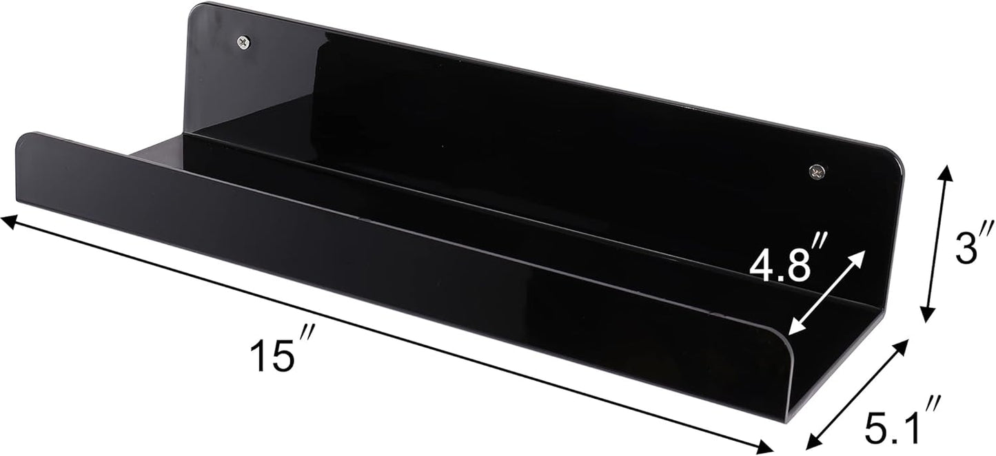 Sooyee 6 Pack Black Floating Shelves, 15 Inch Acrylic Shelves, Wall Mounted Bookshelf, Invisible Picture Ledge Display Shelves