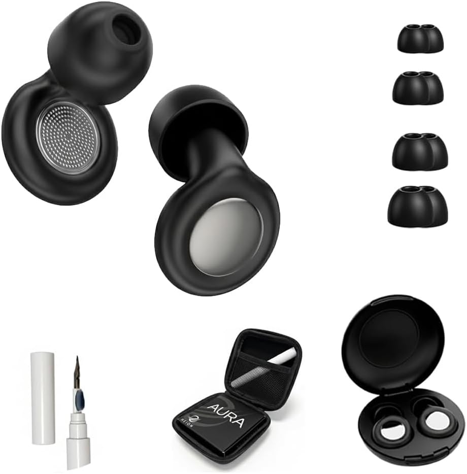 Ear Plugs for Sleeping Noise Cancelling 28dB - Reusable Silicone Earplugs for Sleep, Concert, Work, Study, Travel | 4 Sizes, Comfortable Side Sleepers | Cleaning Tool & Case - HEION Aura