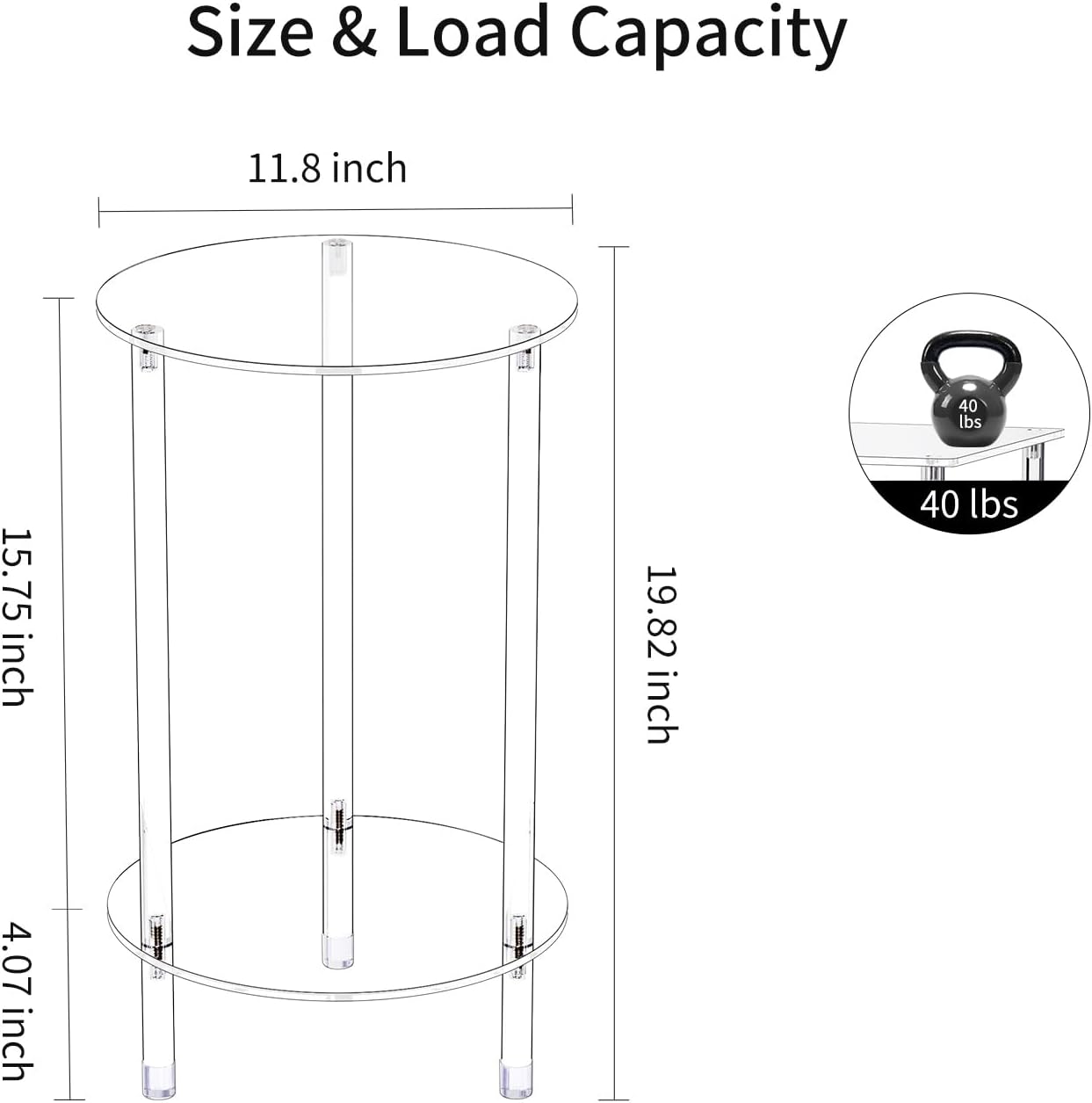 Clear Round Acrylic Side Table for Small Spaces, 11.81" L x 11.81" W x 19.82" H, 2 Tier Small Modern Drink End Table Nightstand, Minimalist Bedside Table for Living Room, Bedroom, Bathroom