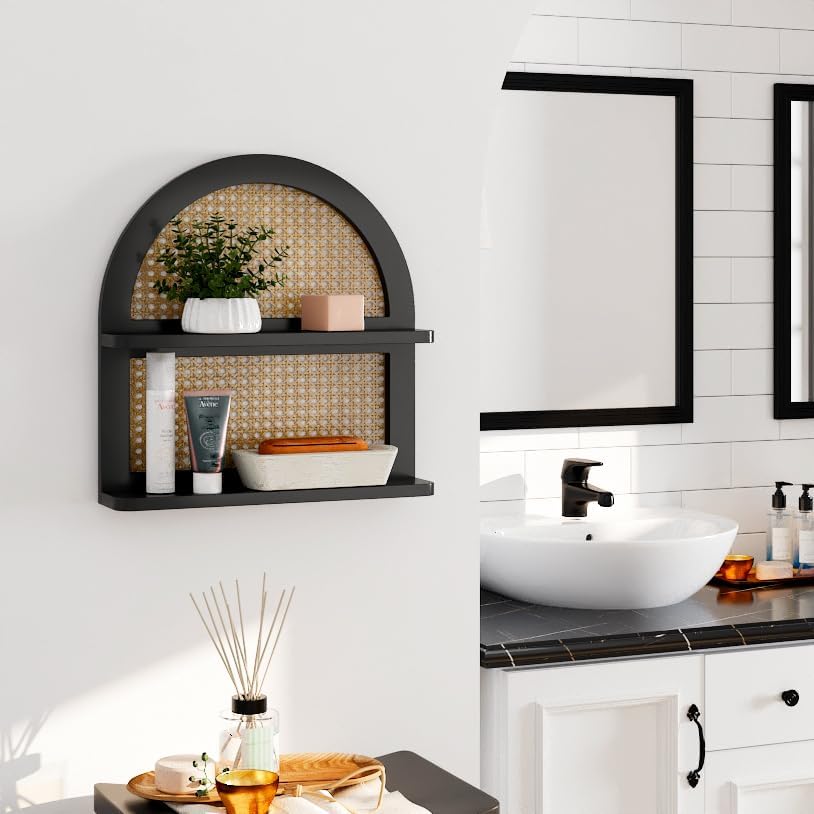 Wood Boho Rattan Wall Shelf - 2-Tier Arched Wicker Floating Shelf Black Wood New Boho Shelf, Rustic Farmhouse Nursery Decor Shelves Wall Mounted, Neutral Handcrafted (16''l Natural Rattan Shelf)