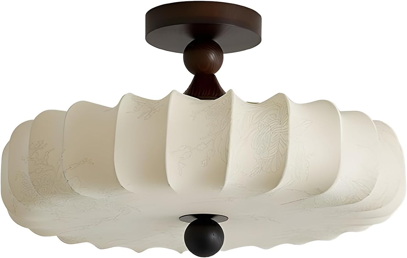 Fabric Lampshade Semi Flush Mount Ceiling Light with Wooden Accents,Brightness Dimmable & 3 Temperature,⌀ 11.8"