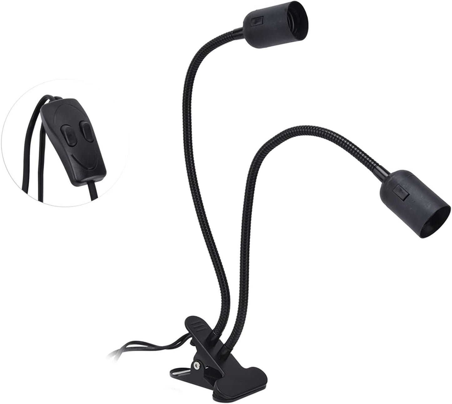 Clip Desk Lamp Socket, E26/E27 Reading Light Stand Clamp Lamp Fixture, 360 Degrees Two Clip on Light Bulb Holder with On/Off Switch and Clamp for Headboard Video Study Work,