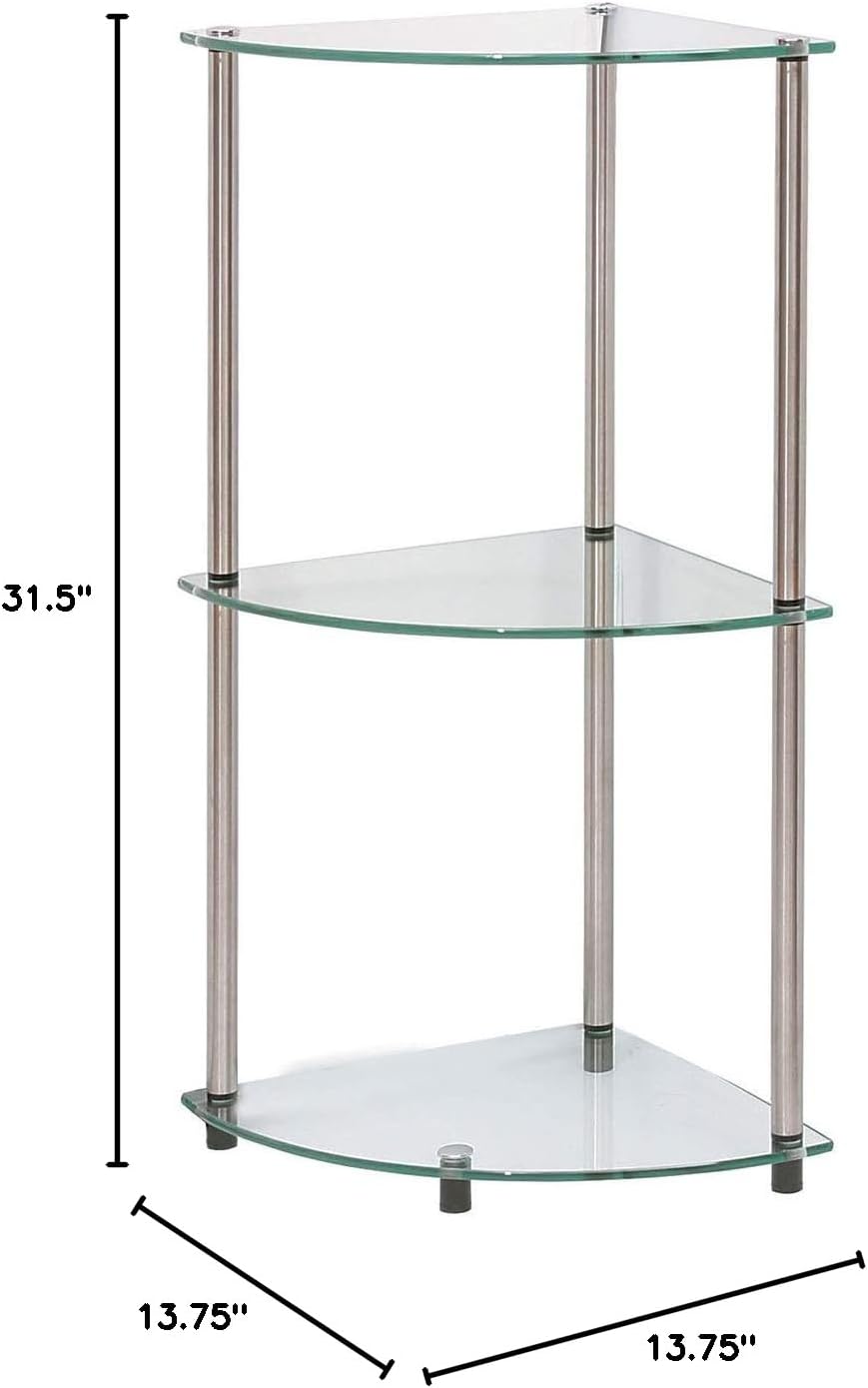Convenience Concepts Designs2Go Classic Glass 3-Tier Corner Shelf 13.75" - Modern Media Bookshelf with Storage Shelves for Living Room, Display Storage Shelves for Family Room, Bathroom, Office, Glass/Chrome