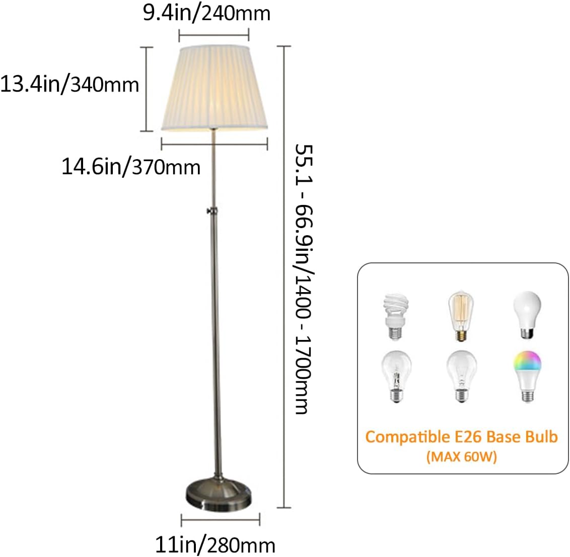White Fabric Lampshade Floor Lamp Adjustable Height Floor Lamps Classic Retro Tall Pole Lamp Eye Protection Standing Reading Lamp Silver Rust-Proof Iron Tall Light for Living Room Bedroom