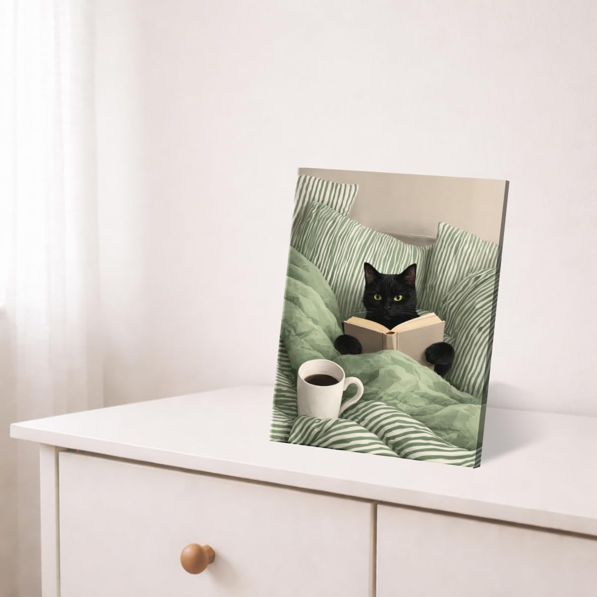 Black Cat Reading Bedroom Wall Art Cat in Green Striped Bed Canvas Print Poster Cozy Bookish Wall Decor for Home Bedroom 8x10 Inch Framed