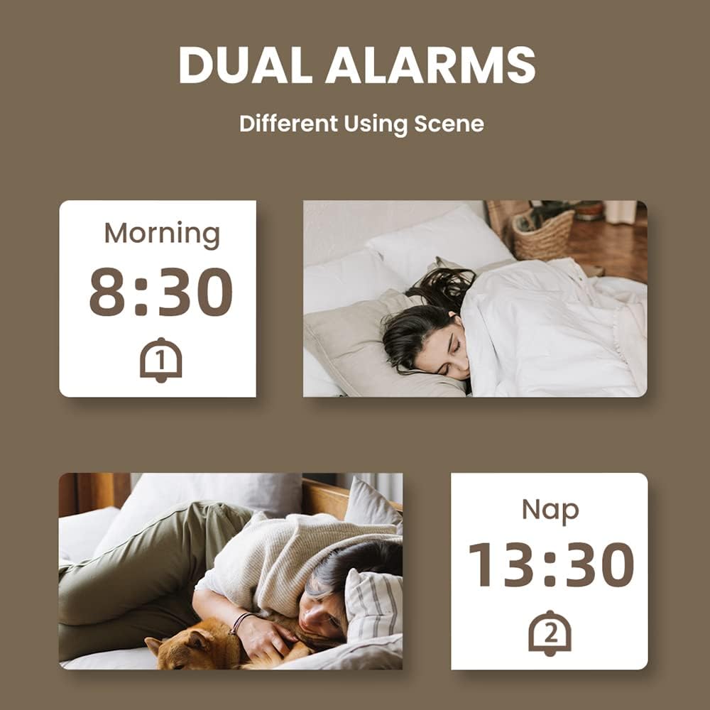 LANRU Beech Wood Digital Clock Dual Alarm Snooze USB Alarm Clock Table Thermometer Electronic LED Wooden Desk Clock 4-Level Brightness for Living Room Office