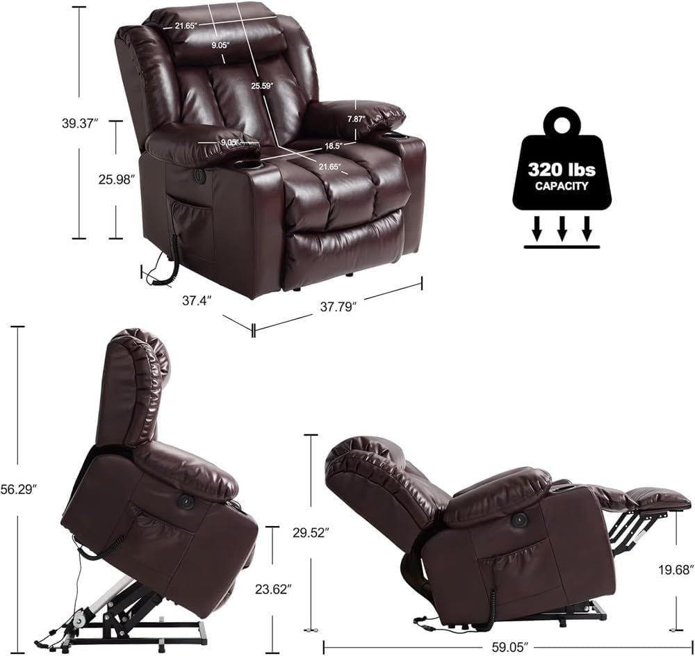 Leather Power Lift Recliner Chair for Elderly with Dual Motor, Massage and Heat, Electric Power Recliner with Adjustable Headrest, USB Ports, Side Pockets & 2 Cup Holders