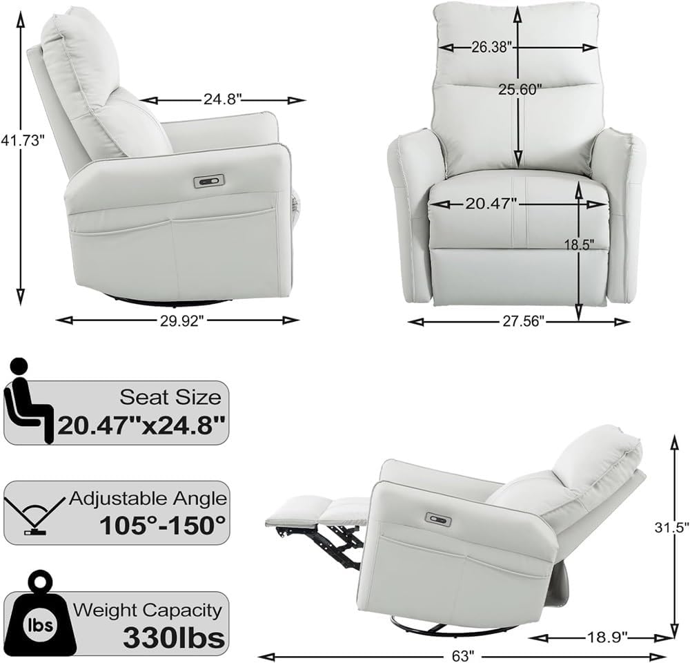Power Swivel Rocker Recliner Chair with Charging Port, Overstuffed Leather Electric Recliner Chair for Adults, Comfortable Reclining Sofa Chair for Living Room