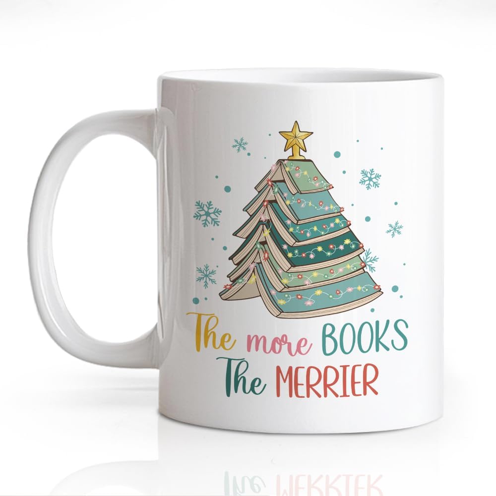 The More Books The Merrier Funny 11oz Double-Sided Ceramic Mug, Christmas Tree Coffee Mug For Coworker Book Lover, Xmas Reading Cup, Christmas Bookish Gifts for Bookworm Friend Family BBF
