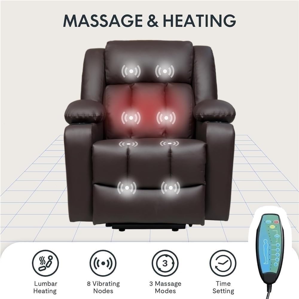 Heavy Duty Power Lift Recliner with Massage & Heat – Oversized Electric Leather Recliner Chair for Elderly Adults, Cup Holders, USB Ports, Comfort Support Seating for Bedroom & Living Room