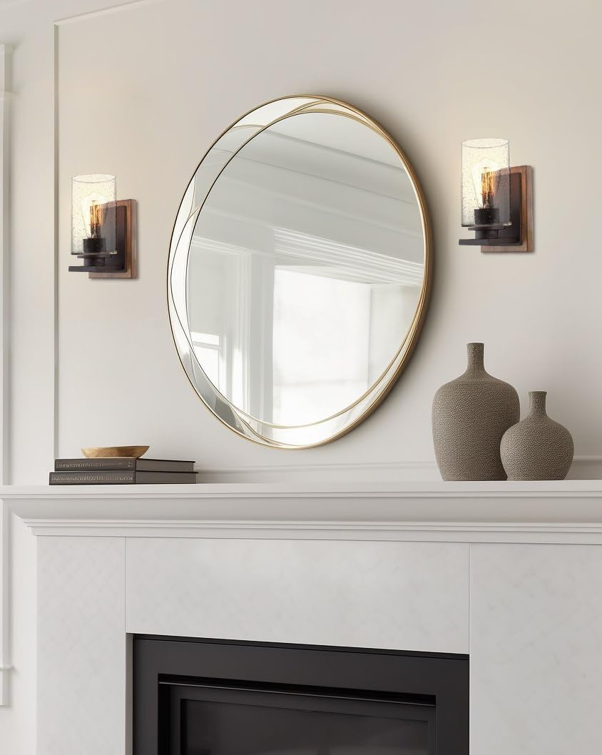 Kira Home Sedona 9" Modern Rustic Wall Sconce + Seeded Glass Cylinder Shade, Oil Rubbed Bronze + Wood Style Walnut Finish