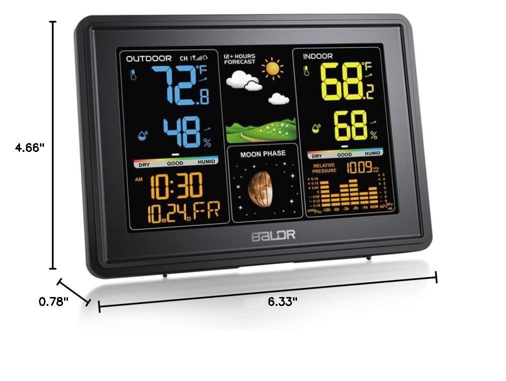 BALDR Weather Station Indoor Outdoor Thermometer Digital Color LCD Moon Phase Barometric Pressure Temperature Humidity Monitor