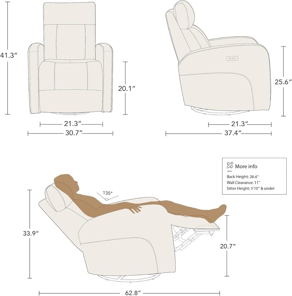 Power Swivel Glider Recliner with Rotation & USB Port – Breathable Leather Modern Chair, Adjustable Recline for Living Room, Nursery