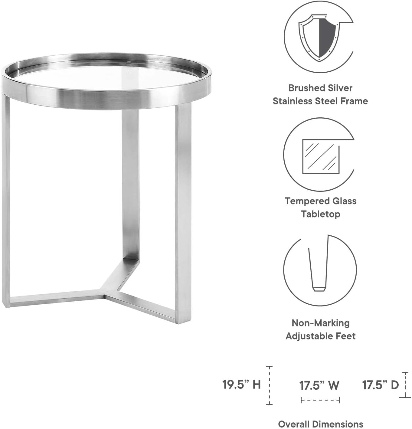 Modway Relay Glass and Metal Accent Side Table, Silver 17.5 x 17.5 x 19.5