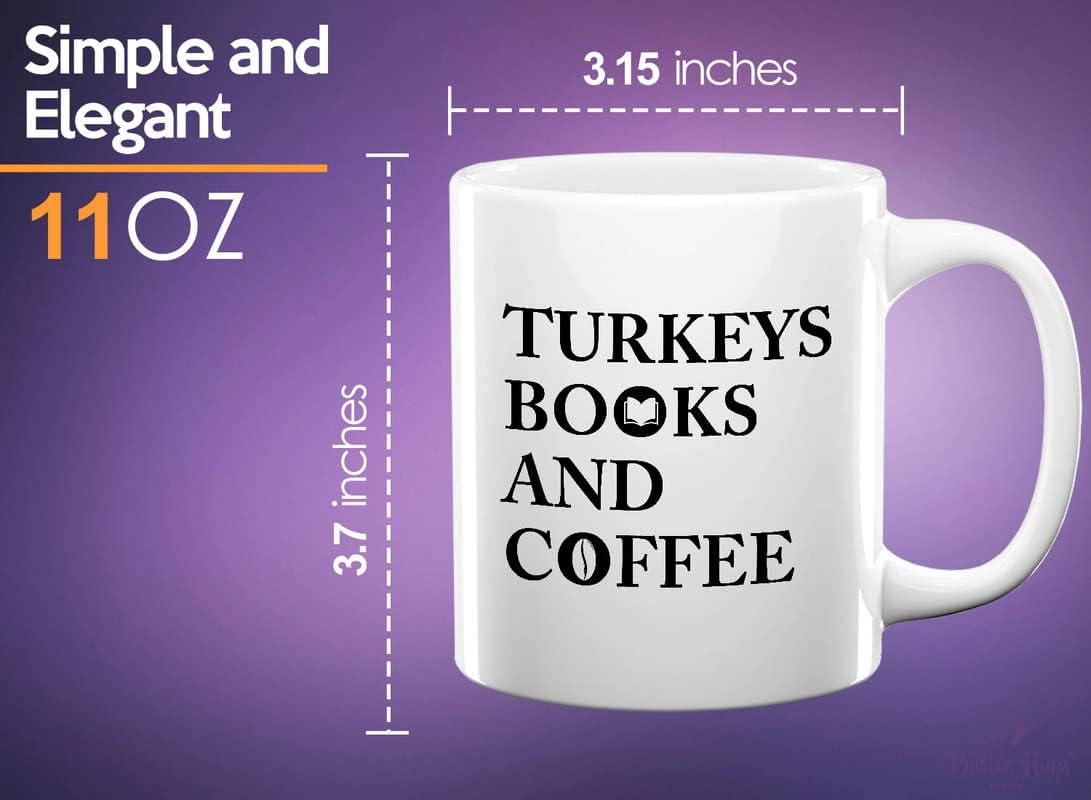 Book Lovers Coffee Mug 11oz White - Turkeys Books And Coffee - Animal Lovers Caffeine Addict Booked Library Meleagris Hens Farming Chicken
