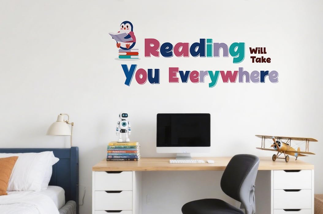 Reading Theme Wall Decal,Will Take You Everywhere Motivational Quotes Wall Stickers, Penguin Decor Inspirational Saying Vinyl Removable Wall Art for Classroom School Kid’s Room Library