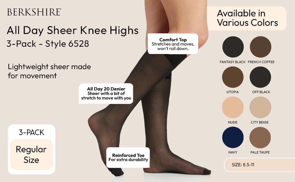 Berkshire womens 3 Pair Pack All Day Sheer Reinforced Toe Knee High Dress Sock, Off Black, 8.5 - 11 US