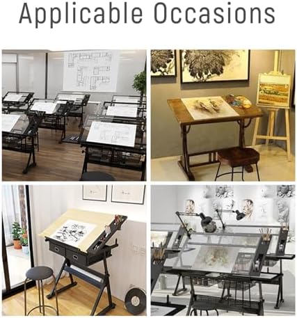 Drawing Tilting Tablet,(Wooden Drawing Desk with Stool Art Craft Table, Adjustable Height(26.8"-35.8"), 80° Tiltable, Drafting Workstation for Artwork, Graphic Design, Writing (MDF))