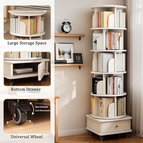 White Tall Rotating Bookcase with Drawer & Wheels, 5-Tier Corner Shelf for Bedroom, Living Room & Office, Wooden Bookshelf, Stylish Storage Solution