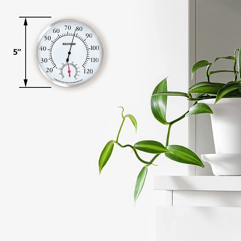 REOTEMP DTH5 Analog Desktop Thermometer Hygrometer, 5" Dial, 20/120F, Relative Humidity Gauge