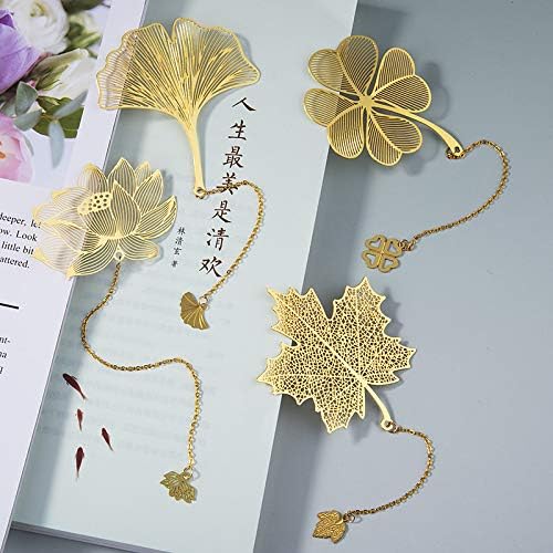 4 Pack Metal Bookmarks with Chain, Golden Hollow Bookmark Gift for Book Lovers, Writers, Readers, Children, Teens, Men, Women, Adults