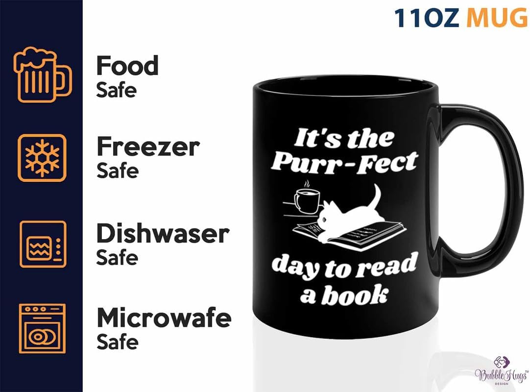 Reading Coffee Mug 11oz Black - Purr-fect Day Read a Book - Reader Gift Bookworm Owl Lover Cat Lover Book Lover Novelist Librarian Writer
