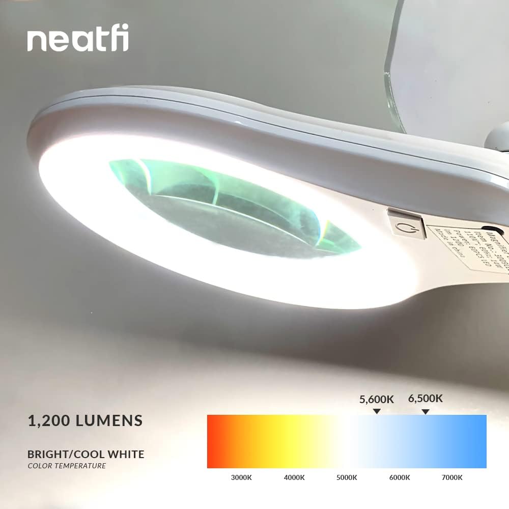 Neatfi LED Magnifying Floor Lamp 1,200 Lumens – 5” Bifocal Glass Lens, Dual Magnification 2.25X + 6X, Dimmable Task Light | Adjustable Arm, Rolling Base | Reading, Crafting & Sewing (White, 5 Inches)