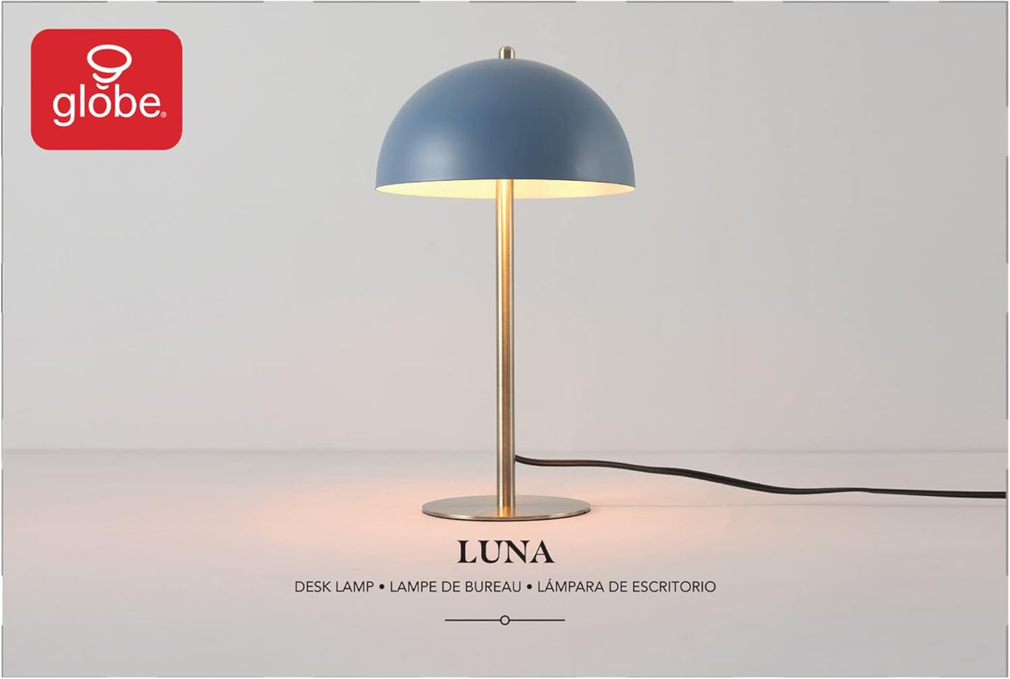 Globe Electric 52942 15" Blue Desk Lamp with Brass Accents, in-Line On/Off Rocker Switch, Ideal for Bedroom, Office Decor, Home Essentials, Reading Light, LED Bulb Compatible