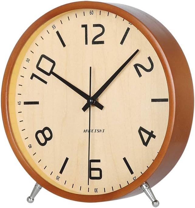 8 Inch Desk Clocks Wood Silent Non-Ticking Battery Operated Analog Table Clock Round Sweep Quartz Wall Clocks for Kids Living Room Bedroom Bedside Large Numerals Decor KSZ828 Brown