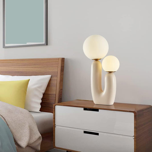 Meefad Modern Bedside Lamp, 2 Lights Table Lamp with Glass Shade, Globe Night Light for Bedroom Reading Nightstand, Beige
